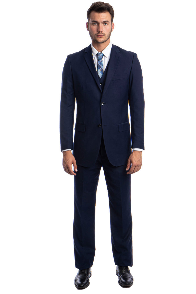 Blue Men's Wedding & Business Suit - Two Button Vested Solid Color