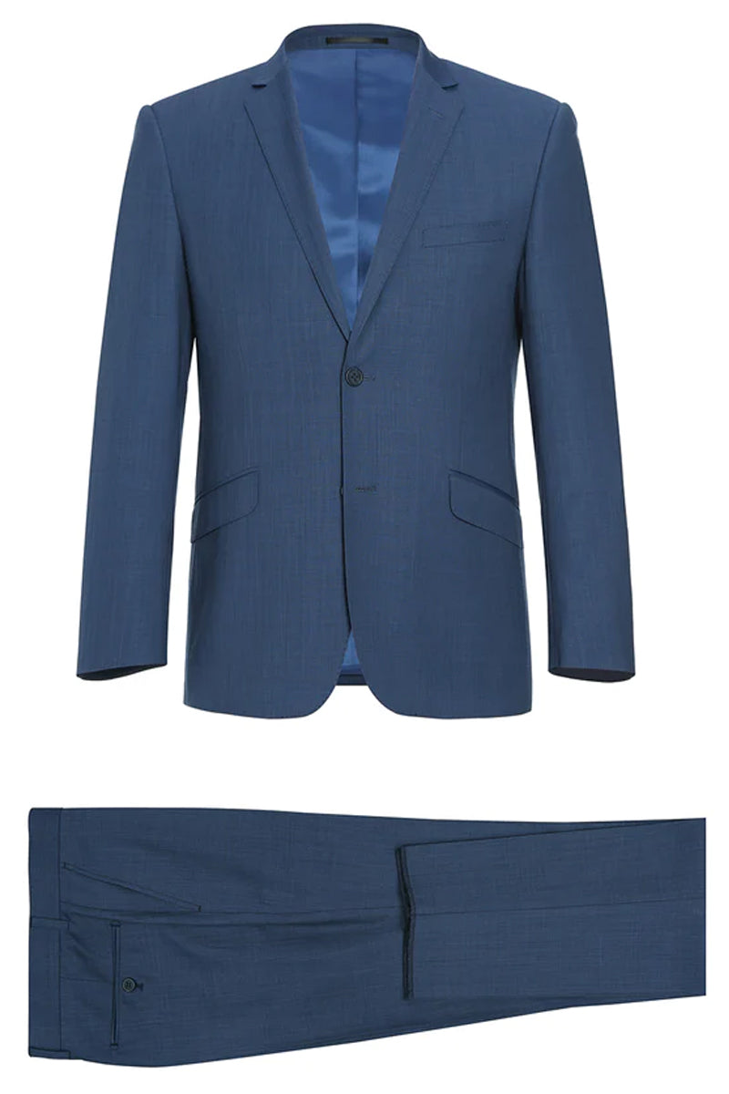 "Steel Blue Slim Fit Wool Suit - Men's Basic Two Button"