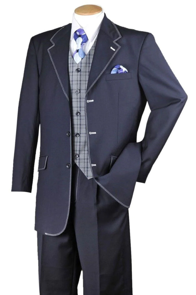 "Navy Men's 3-Button Semi Wide Leg Vested Suit with White Stitching"