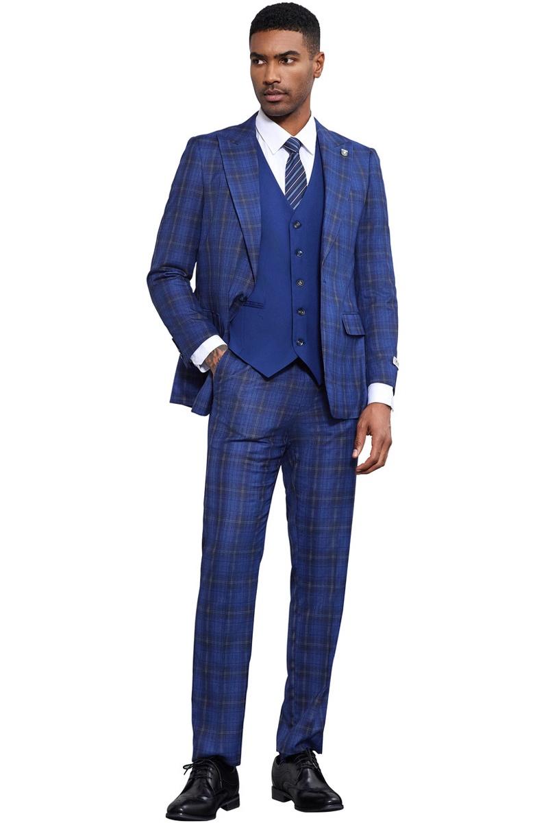 Men's Stacy Adams Bold Windowpane Plaid Print Vested Suit in Midnight Blue - 38 Regular