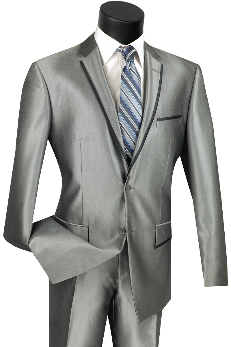 Mens Slim Fit Shiny Sharkskin Suit with Trim in Grey - 36 Short