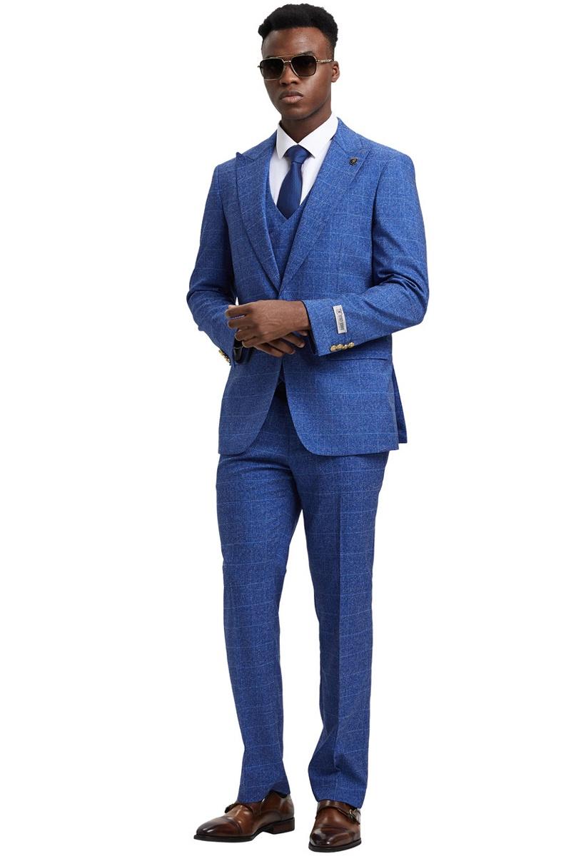 Men's Stacy Adams Peak Lapel Suit with Double Breasted Vest in Blue Windowpane Plaid - 38 Regular