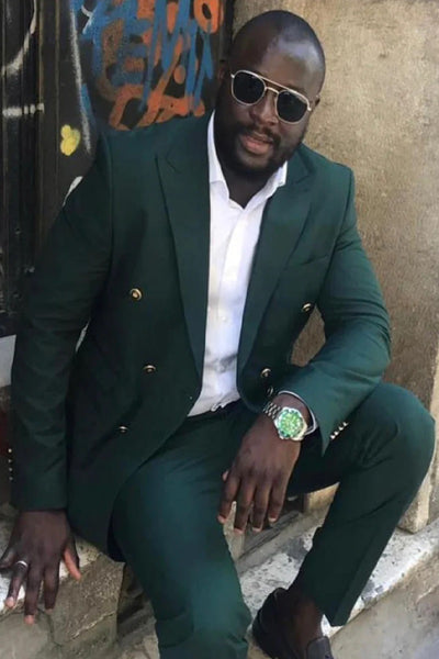 Mens Double breasted Suit - "Forrest Green" 1920s 1980s Style Peak Lapel Suits -Â  Back Side VentedÂ  Mens Designer Modern Fit Double Breasted Wool Suit with Gold Buttons in Forrest Green Green Prom 2026 Suits