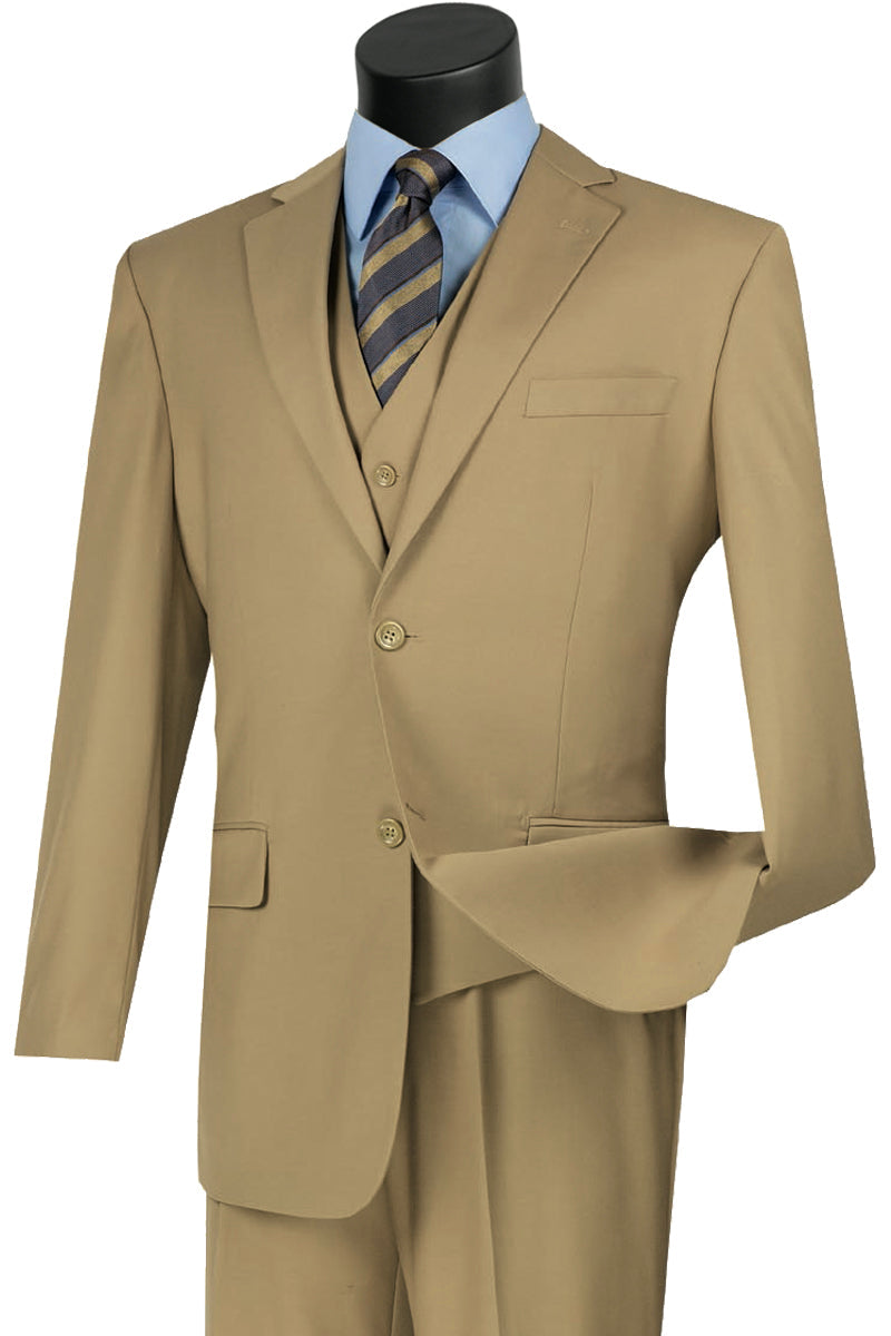 Mens Classic Fit Flat Front Vested Suit in Khaki - 36 Short