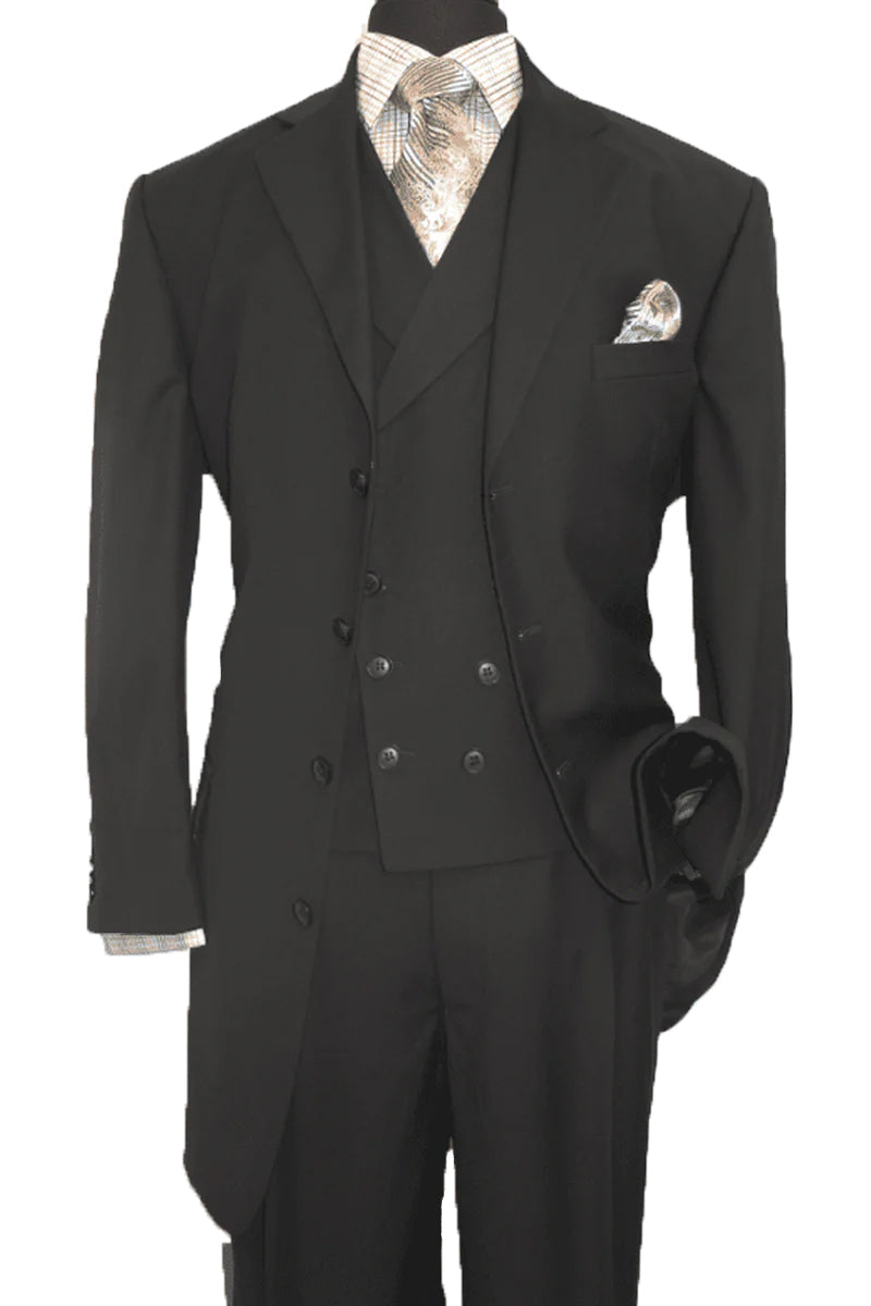 "Black Men's 4-Button Suit with Double-Breasted Vest - Fashion Apparel"