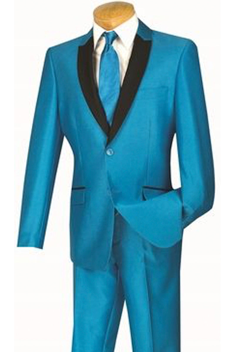 Mens 2 Buttton Slim Contrast Peak Lapel Tuxedo in Turquoise - 36 Short