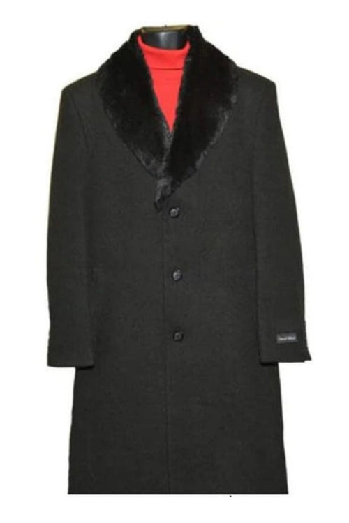 Men's Fur Collar Black 3 Button Wool Ankle length Overcoat