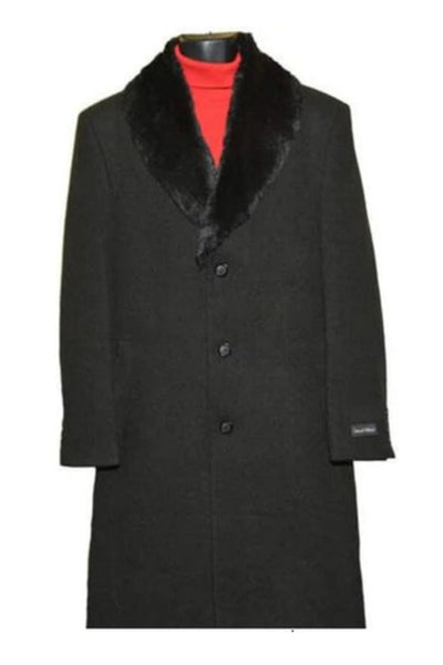 Men's Fur Collar Black 3 Button Wool Ankle length Overcoat