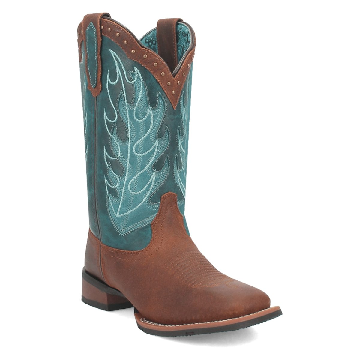 Laredo Women's Faye Broad Square Toe Leather Boots - Brown / Turquoise 3116 - 6M