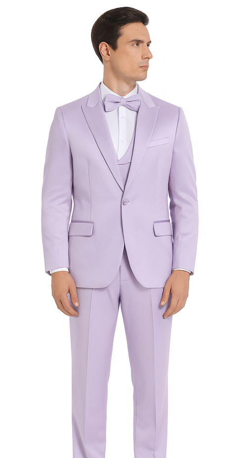 Tazzio Men's Formal Lavender Satin 3 Piece Slim Fit Suit with Peak Lapel Suit