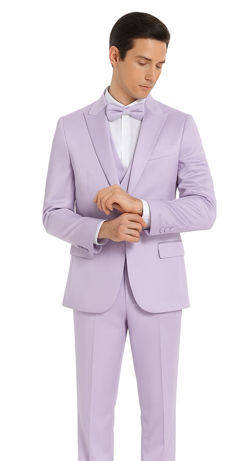 Tazzio Men's Formal Lavender Satin 3 Piece Slim Fit Suit with Peak Lapel Suit