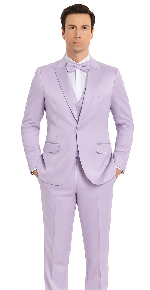 Tazzio Men's Formal Lavender Satin 3 Piece Slim Fit Suit with Peak Lapel Suit - 34 Short or Extra Small