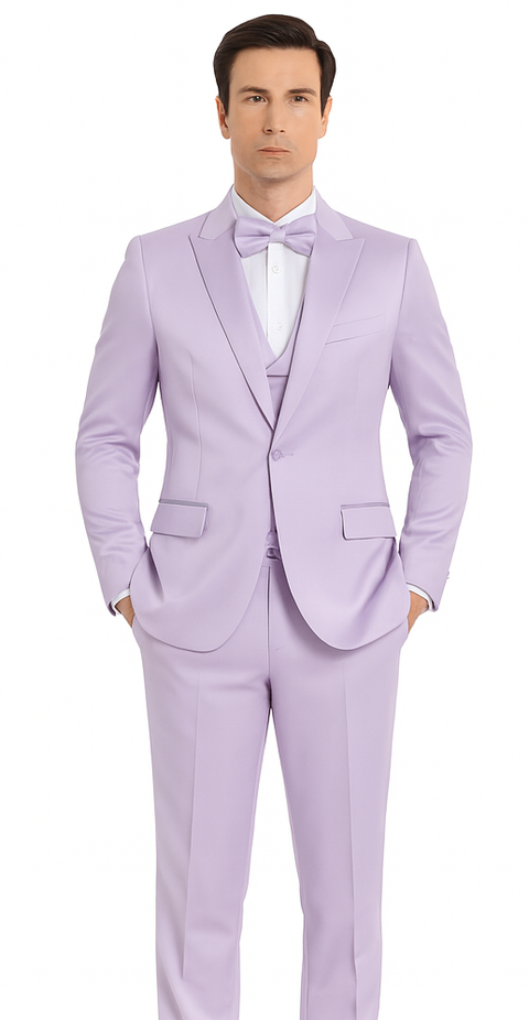 Tazzio Men's Formal Lavender Satin 3 Piece Slim Fit Suit with Peak Lapel Suit
