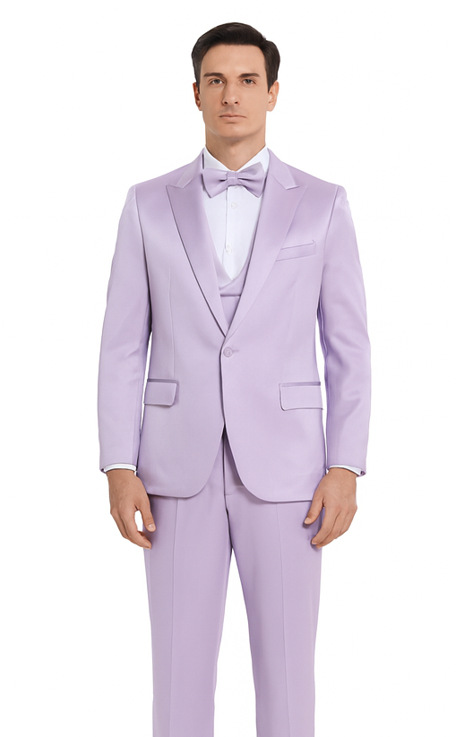 Tazzio Men's Formal Lavender Satin 3 Piece Slim Fit Suit with Peak Lapel Suit