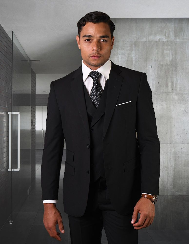 Statement Men's Wool Suit 3 Piece, 100% Solid Color - 38 Short Jacket+32 Waist Adjustable 28to34)(Height: 5 4 to5 7 )(Neck  15-16.5)S-M)