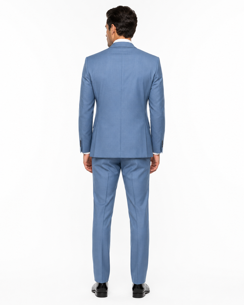 Mens 2 Button Slim Fit Wool Suit With Double Breasted Vest in Steel Blue