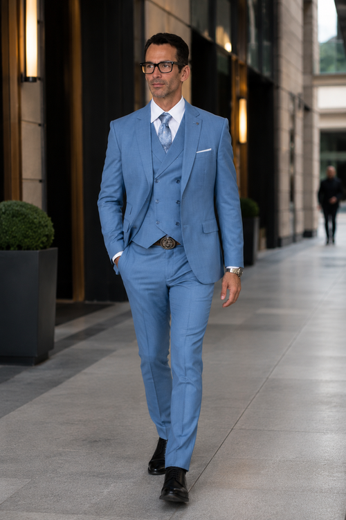 Mens 2 Button Slim Fit Wool Suit With Double Breasted Vest in Steel Blue