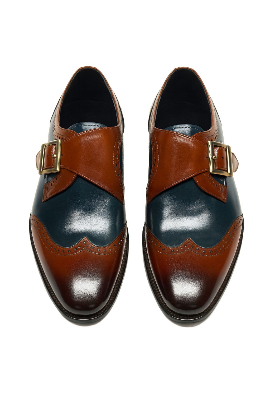 Mens Leather Wingtip Monk Strap Dress Shoe in Brown & Navy - 7.5