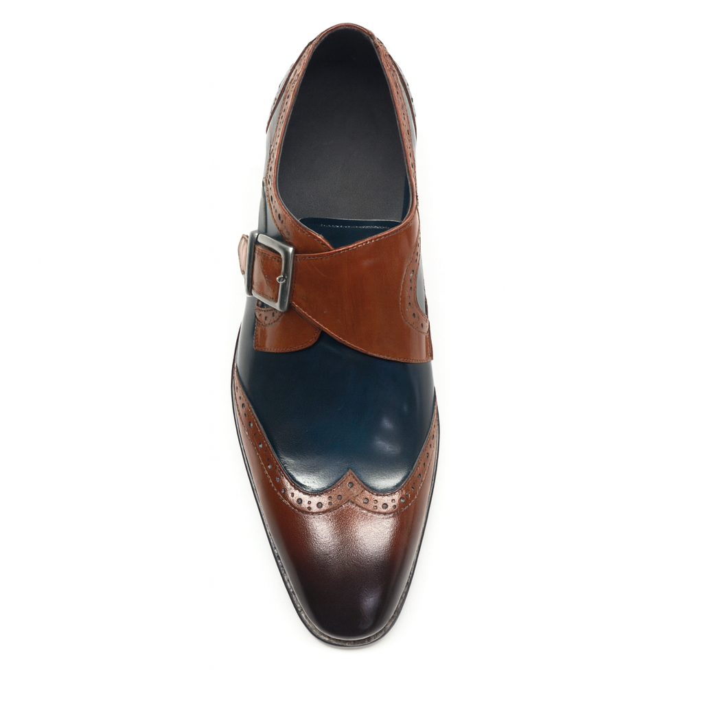 Mens Leather Wingtip Monk Strap Dress Shoe in Brown & Navy - 7.5