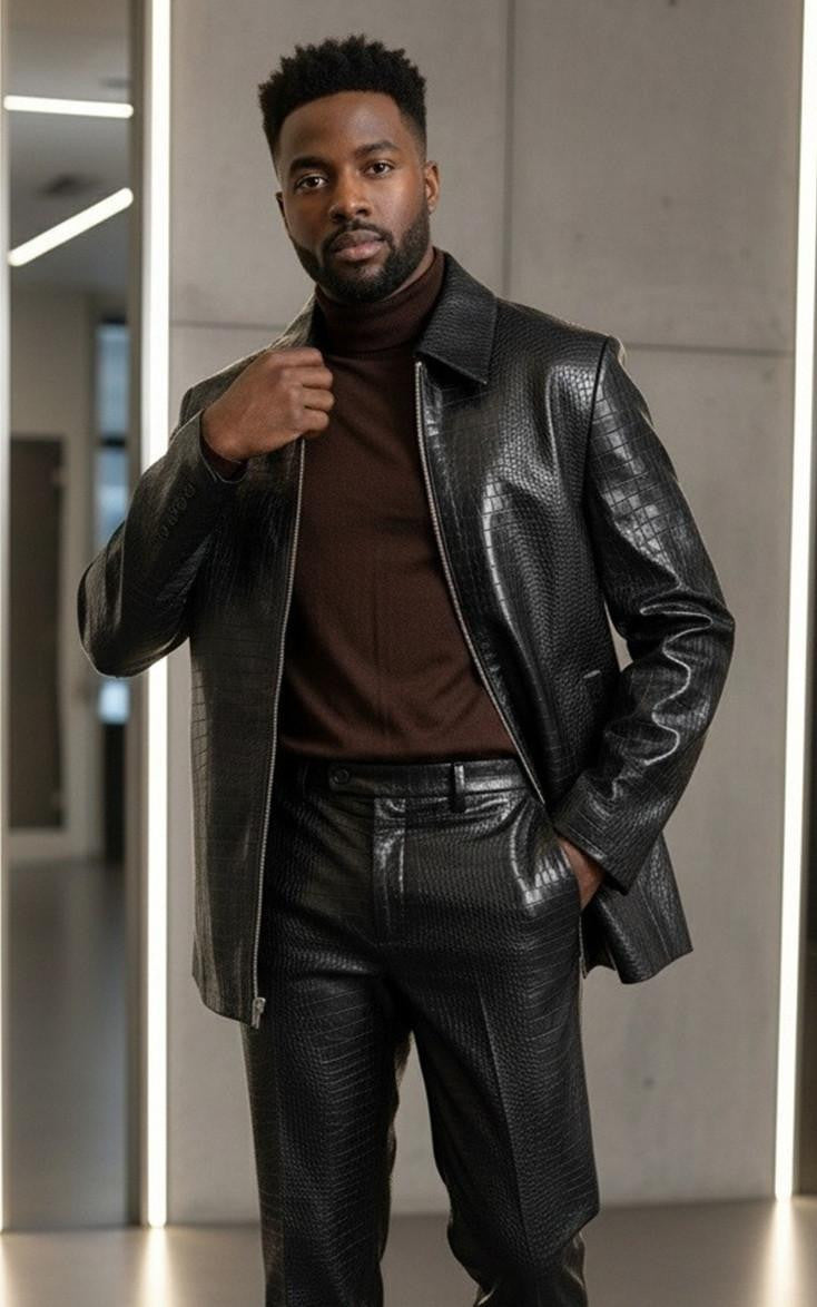 Leisure Suit Black Crocodile Print Vegan Leather BP6793 - Small