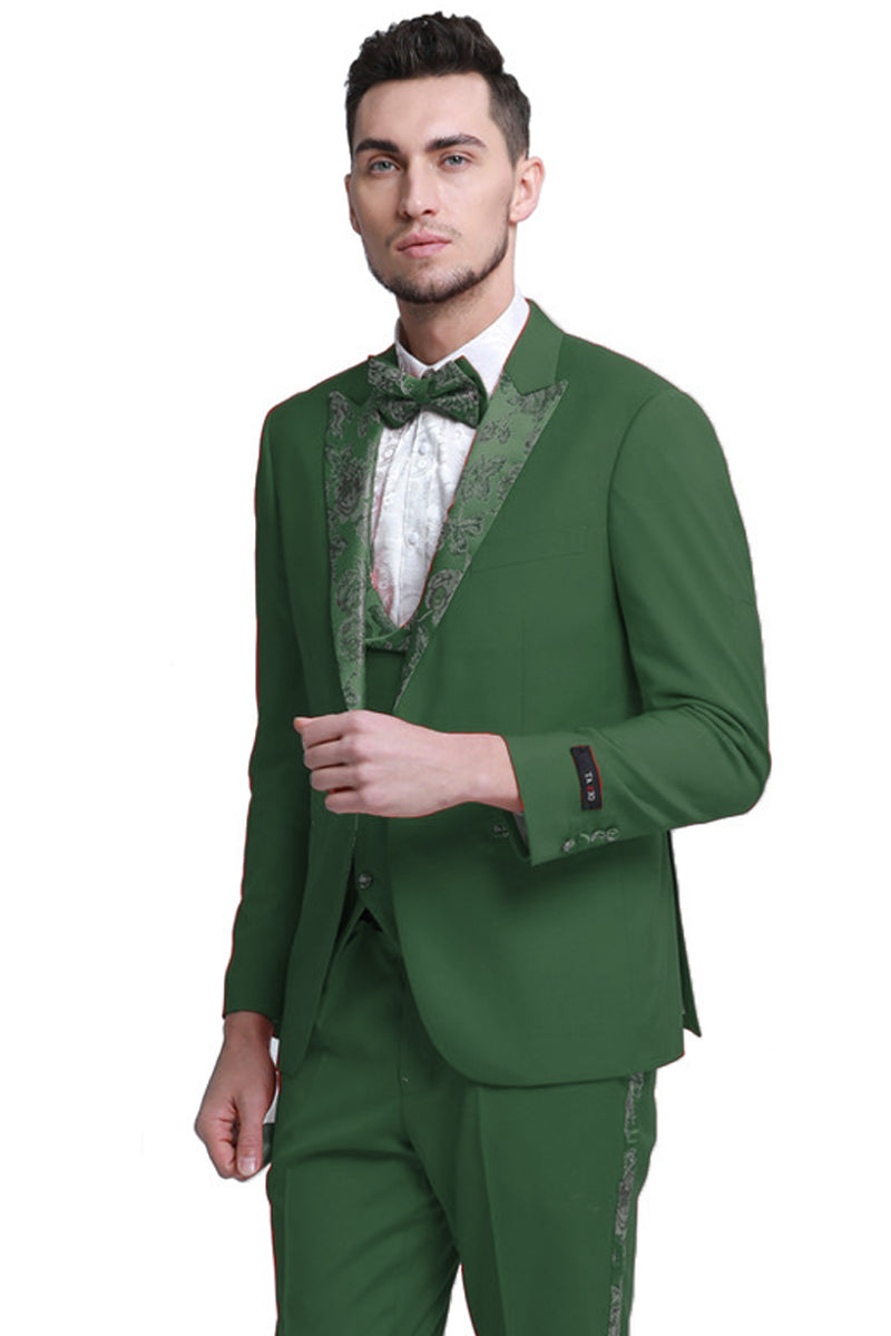 "Men's Hunter Green Prom 2025 & Wedding Tuxedo - One Button Vested with Floral Peak Lapel" - 34 Short