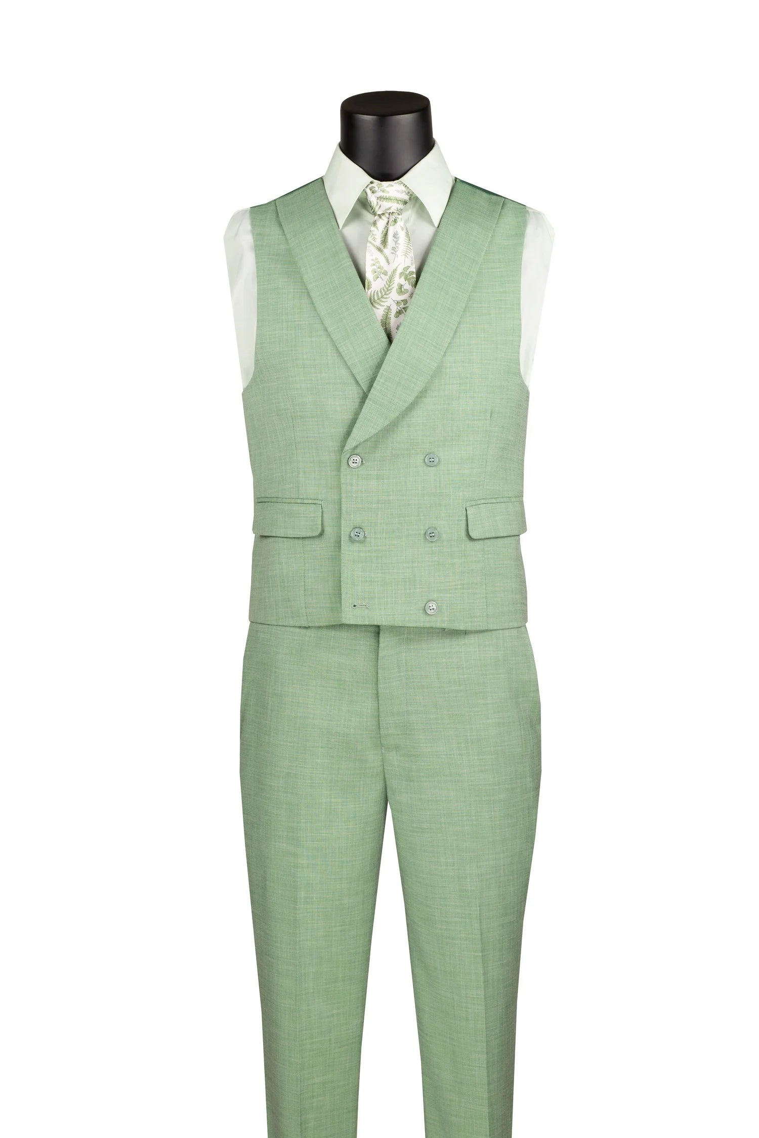 Light Green Modern Fit 3-Piece Suit with Lapel Vest & Adjustable Pants - 38 Short - 32 Waist