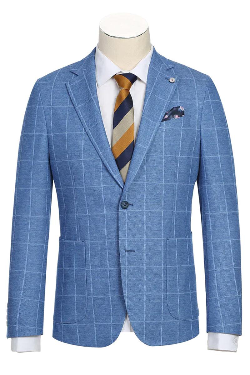 "Azure Elegance: Unconstructed Windowpane Blazer for Prom and Wedding Attire" - Blue