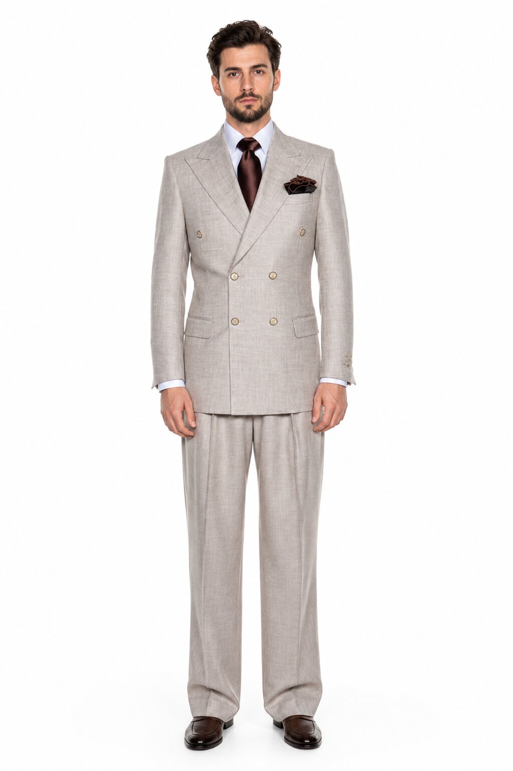 Suits With Baggy Pleated Pants - Wide Leg Pants 100% Wool - Classic Fit in  Light Brown Color by Rossiman