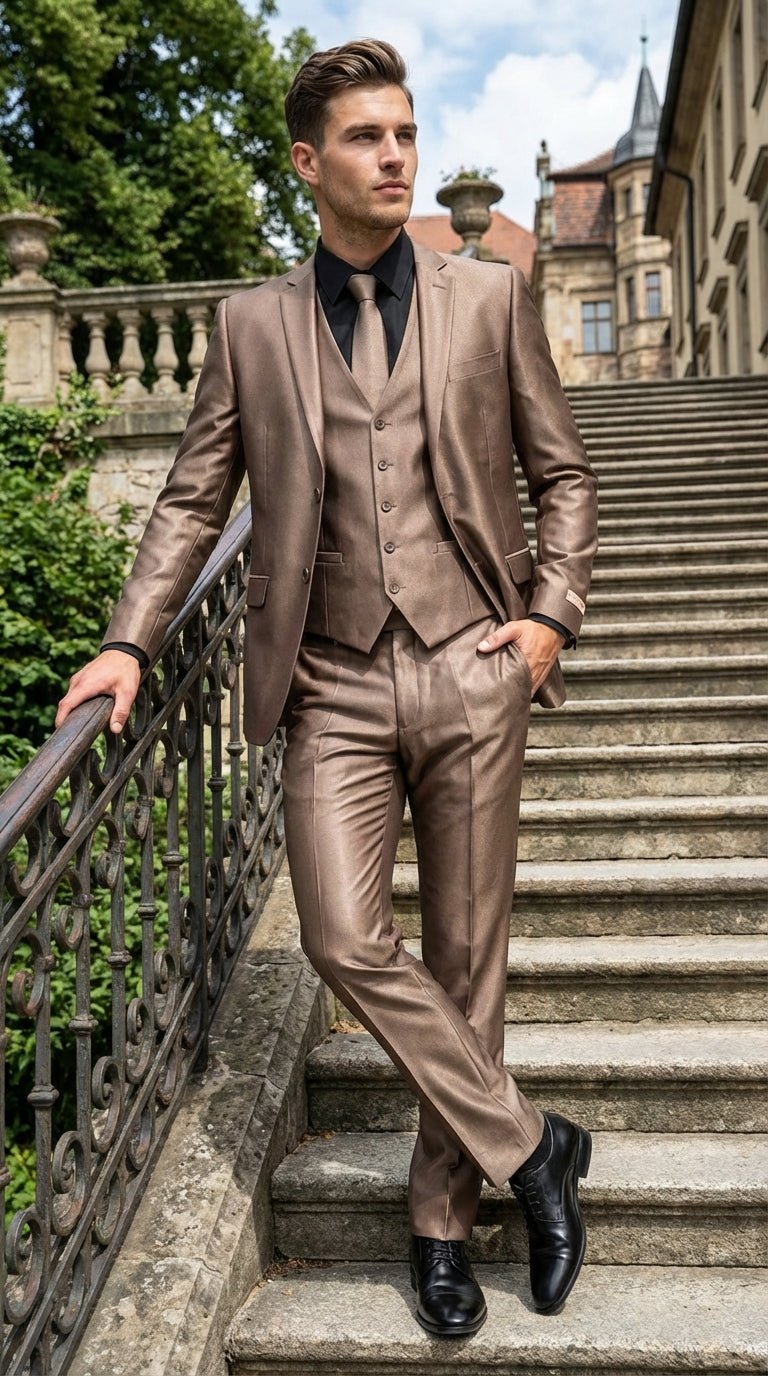 Mens Bronze Brown Mocco 3 Piece Suit Modern Formal Suit Set for Wedding, Prom and Business Events Light Brown Coffee Dark Tan - 34 Short or Extra Small