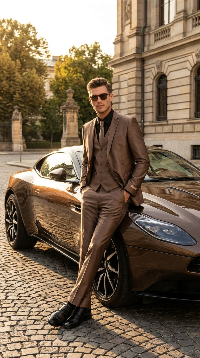 Mens Bronze Brown Mocco 3 Piece Suit Modern Formal Suit Set for Wedding, Prom and Business Events Light Brown Coffee Dark Tan - 34 Short or Extra Small