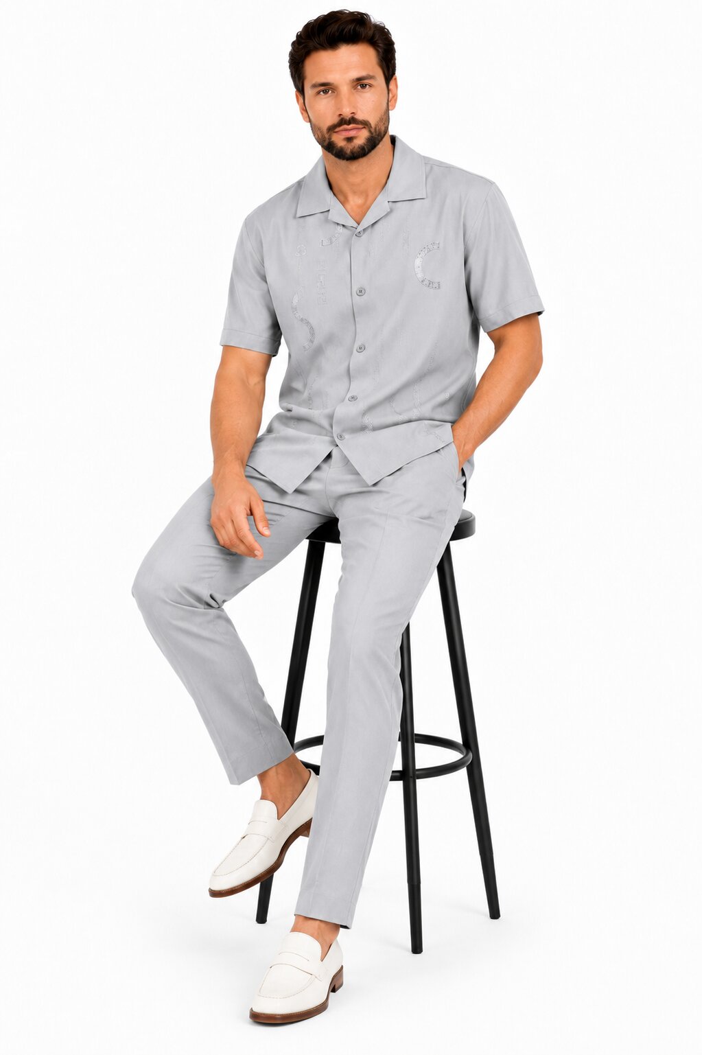 Men’s Light Gray Embroidered Walking Suit Set – 2 Piece Short Sleeve Casual Outfit - S