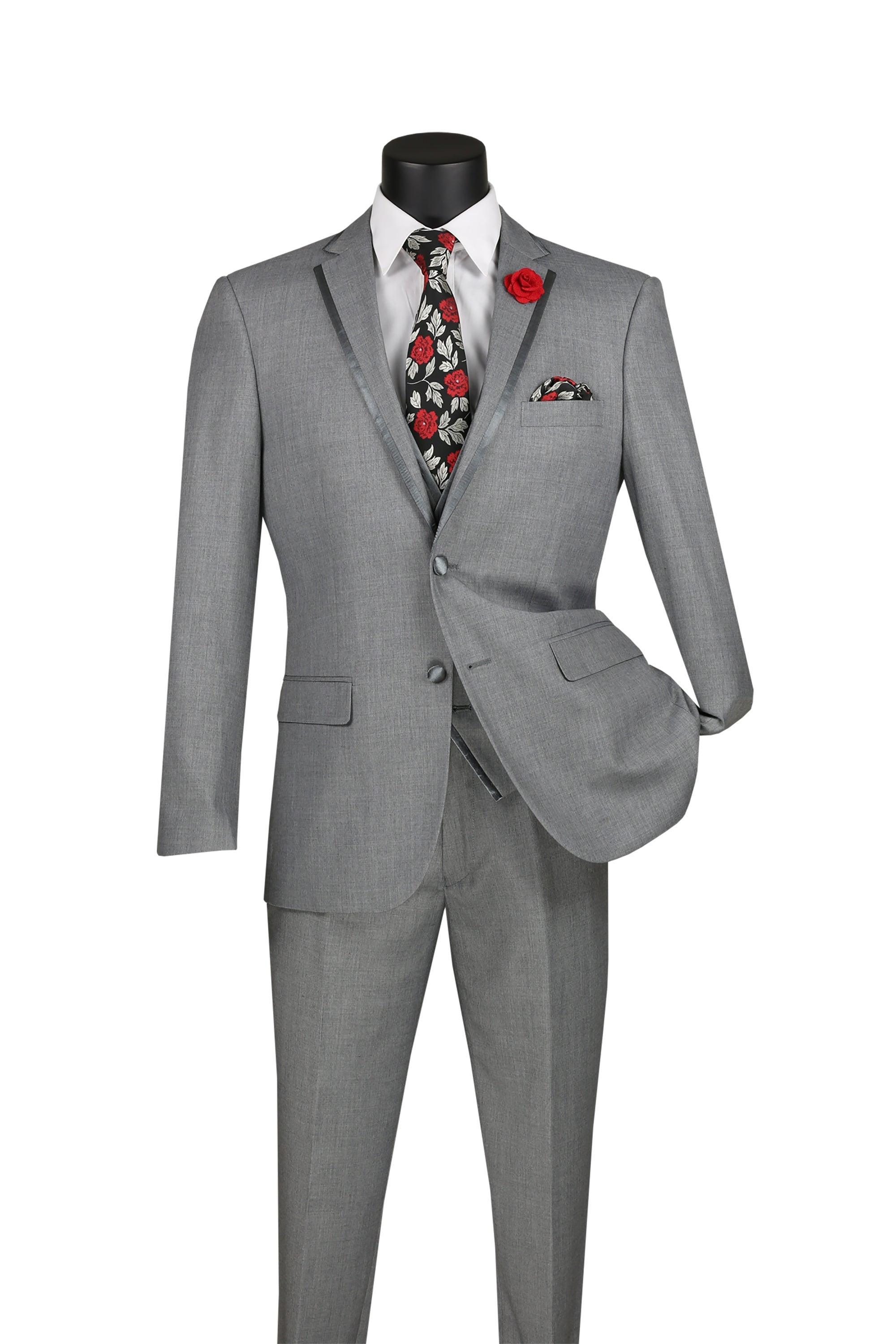 Light Gray Trimmed Lapel Slim Fit 3 Piece Suit - 34 Short  - 28 Waist