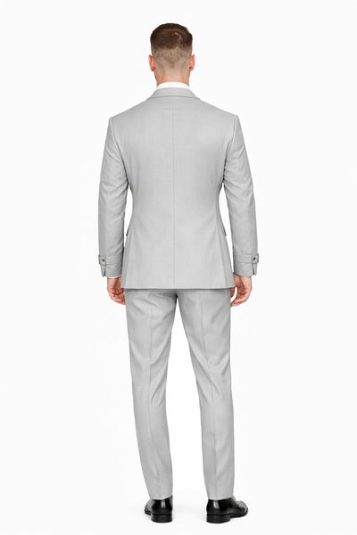 Mens Light Grey Double Breasted Modern Designer Tailored Fit Wool Suit with Metal Buckle Closure
