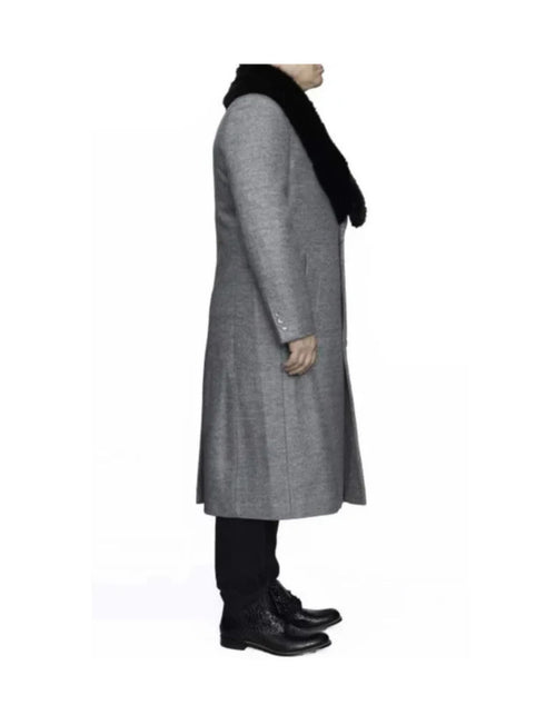 Light Grey Removable Fur Collar Ankle length Wool Dress Top Coat/Overcoat - Mens Overcoat