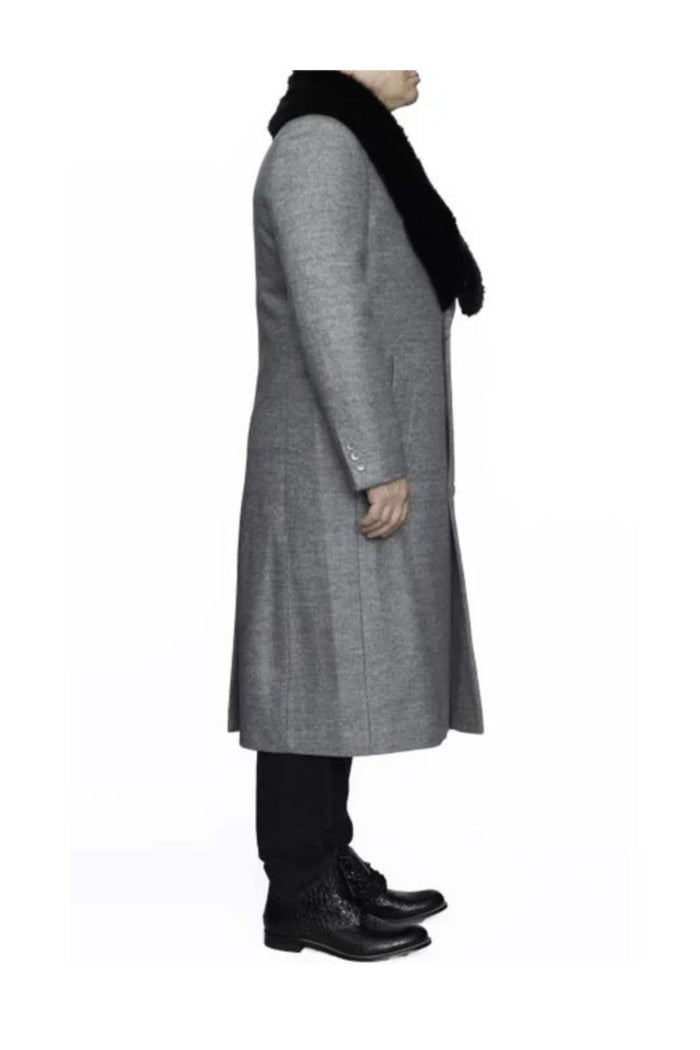 Removable Ankle length Fur Collar Full Length Gray Wool Herringbone ~ Overcoat 1920s 1940s men's Fashion Vintage Style - Mens Topcoat