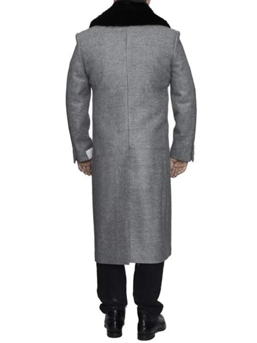 Light Grey Removable Fur Collar Ankle length Wool Dress Top Coat/Overcoat - Mens Overcoat