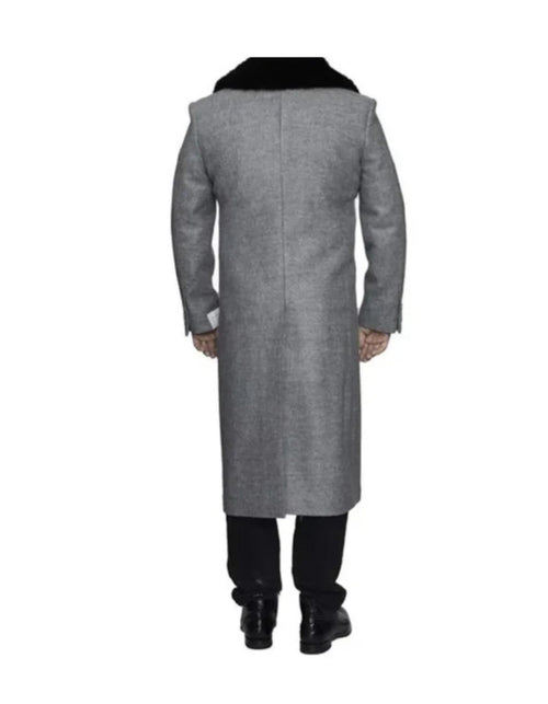 Light Grey Removable Fur Collar Ankle length Wool Dress Top Coat/Overcoat - Mens Overcoat