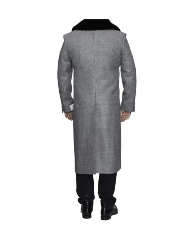 Light Grey Removable Fur Collar Ankle length Wool Dress Top Coat/Overcoat - Mens Overcoat
