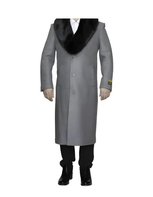 Light Grey Removable Fur Collar Ankle length Wool Dress Top Coat/Overcoat - Mens Overcoat