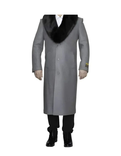 Light Grey Removable Fur Collar Ankle length Wool Dress Top Coat/Overcoat - Mens Overcoat