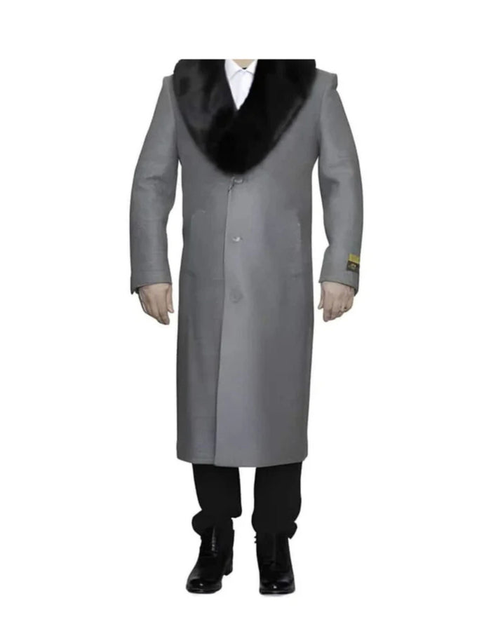 Light Grey Removable Fur Collar Ankle length Wool Dress Top Coat/Overcoat - Mens Overcoat