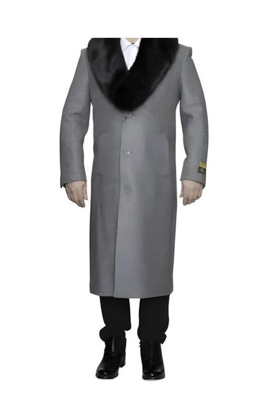 Removable Ankle length Fur Collar Full Length Gray Wool Herringbone ~ Overcoat 1920s 1940s men's Fashion Vintage Style - Mens Topcoat