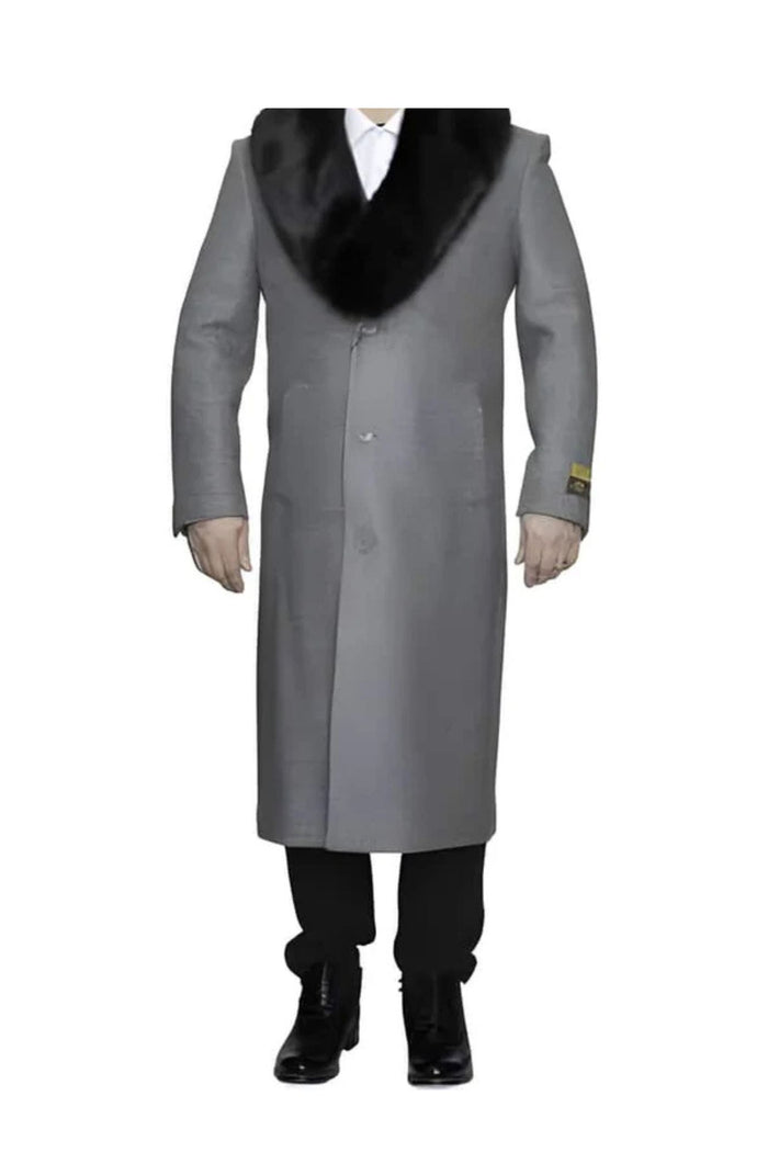 Removable Ankle length Fur Collar Full Length Gray Wool Herringbone ~ Overcoat 1920s 1940s men's Fashion Vintage Style - Mens Topcoat