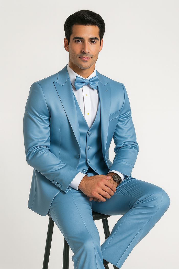 Light Blue Satin Tuxedo Four Piece Set - Wedding - Prom