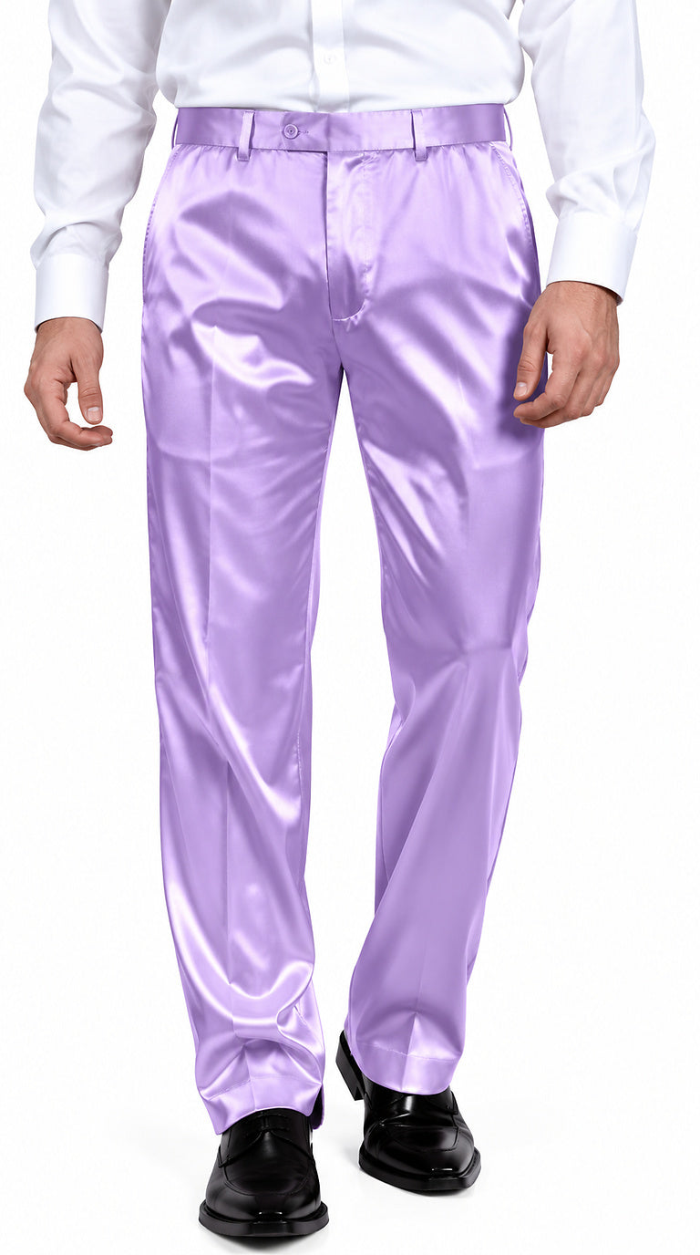 Mens Shiny Stretch Pants Solid Color Slim Fit Sateen Flashy Metallic Slacks in Color "Lilac"