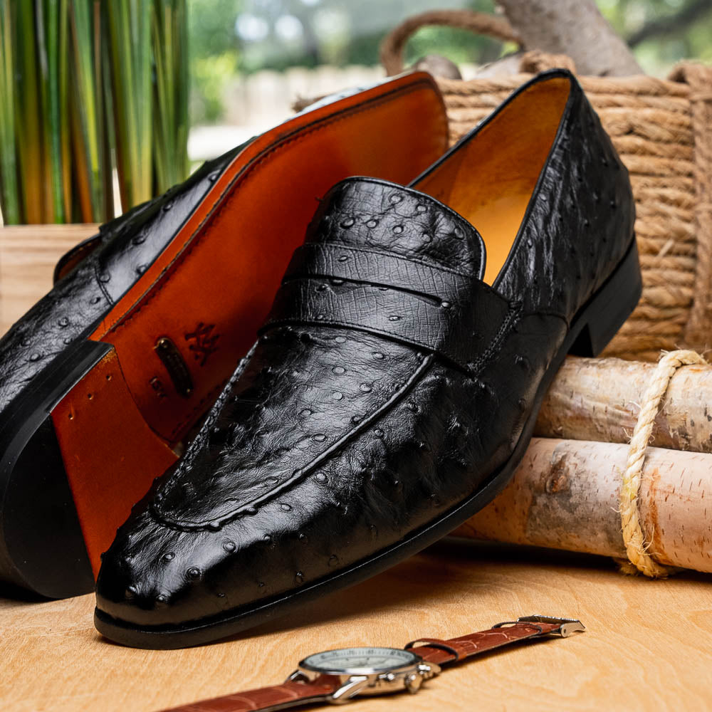 Mezlan Lisbon Ostrich Quill Penny Loafers Black (4561-S) - Medium
