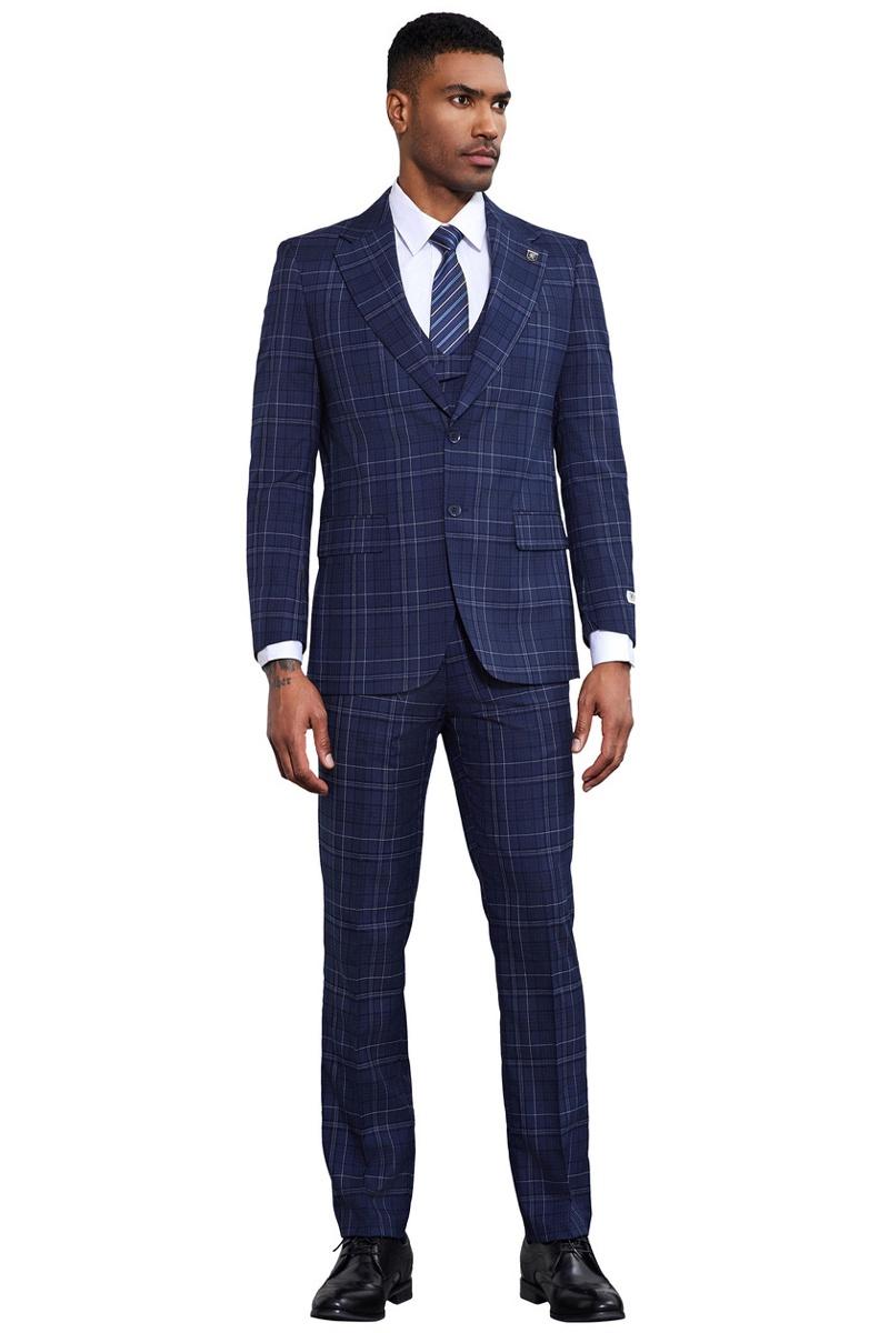 Men's Stacy Adams Vested Two Button Double Windowpane Plaid Suit in Navy - 38 Regular
