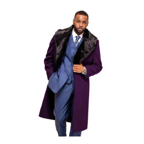 Purple Overcoat ~ Long men's Dress Topcoat - Winter coat With Fur Collar And Wool Fabric