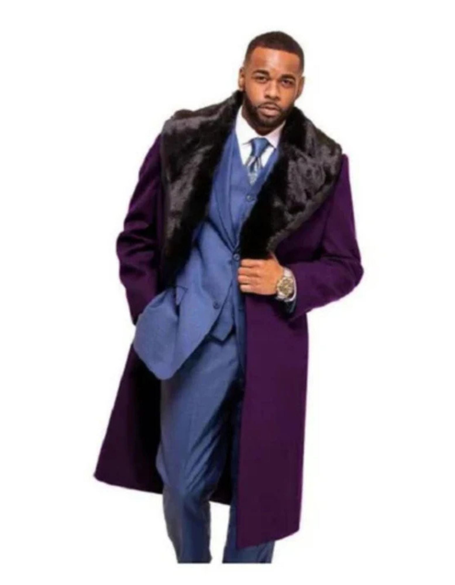 Purple Overcoat ~ Long Men's Dress Topcoat - Winter coat With Fur Collar in and Fabric - Coat Size 38