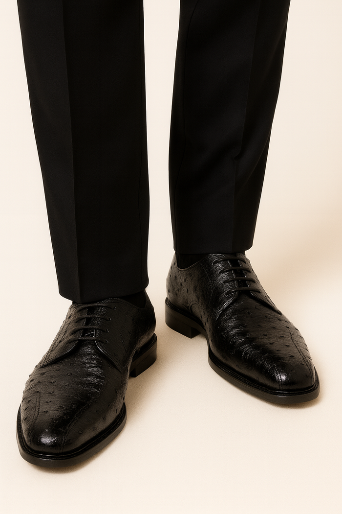 Los Altos Black Full Quill Ostrich Bicycle Toe Men's Lace Up Shoes